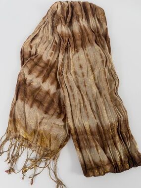 Brown Tan Crinkle Scarf with Metallic Gold Fringe
